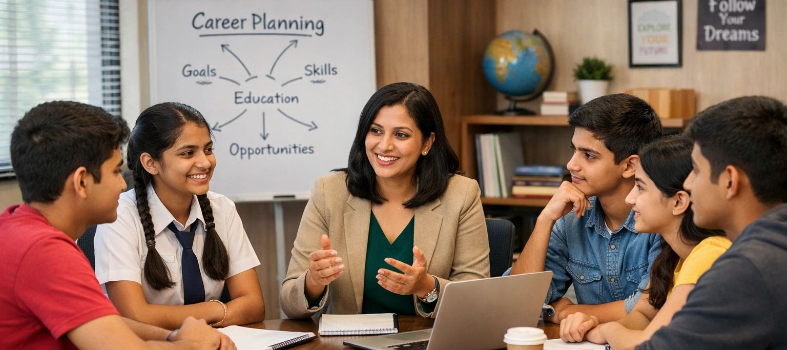 A career counselor guiding a group of students about career planning and education.