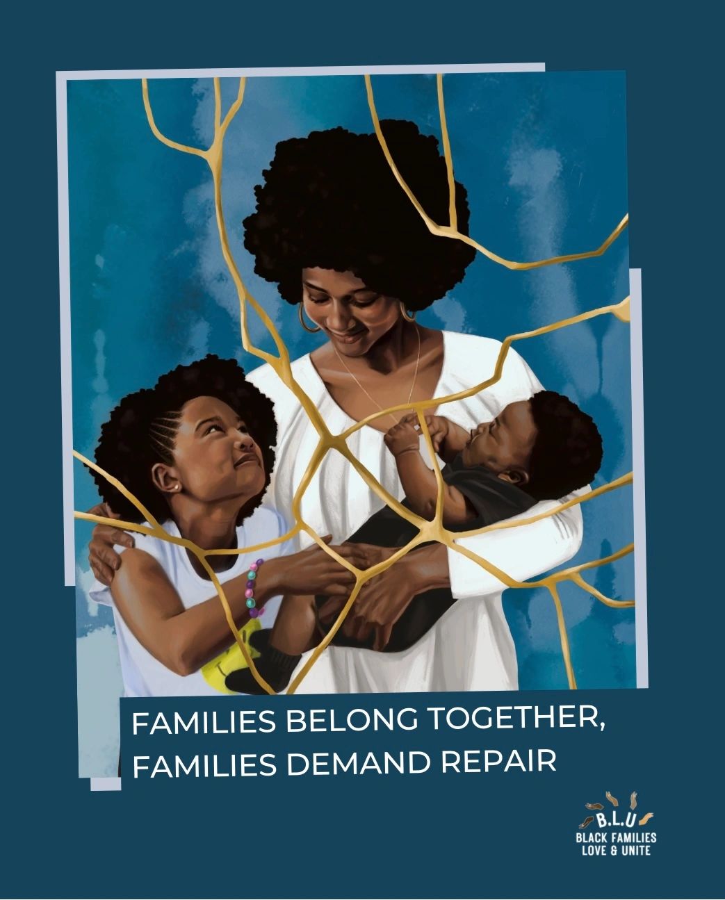 illustration of a mother with her children, and overlaid the image repaired or as if broken