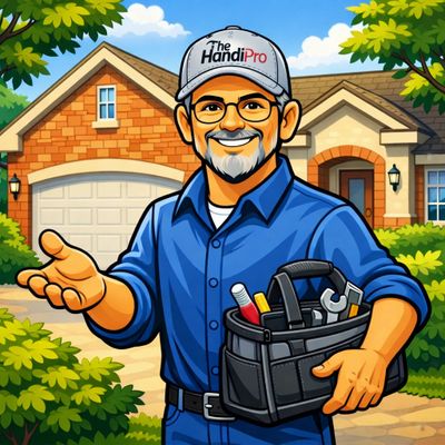 A friendly handyman holding a tool bag outside a suburban home.