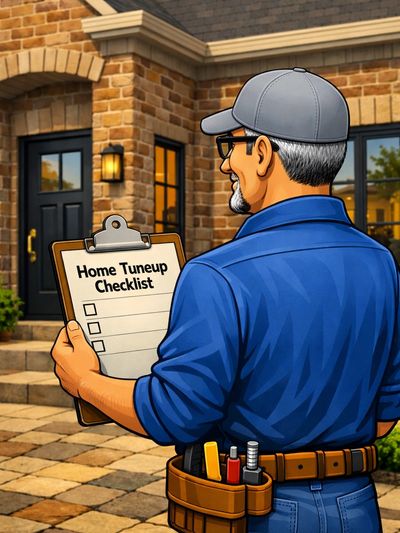 Man holding a home tuneup checklist outside a brick house.