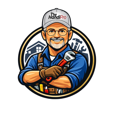 Cartoon handyman with glasses holding a wrench, wearing a cap labeled The HandiPro.