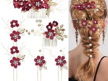 Cinaci 18 Pieces Bridal Wedding Party Prom Pearl Rhinestone Burgundy Flower Hair Side Combs Slides+U