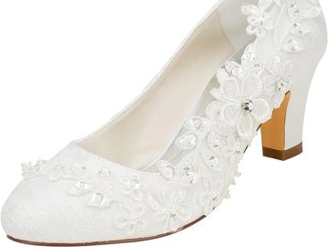 Emily Bridal Wedding Shoes Women's Silk Like Satin Chunky Heel Pumps with Stitching Lace Flower Crys