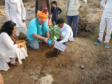 A group planting a tree in a dry area during a community event.