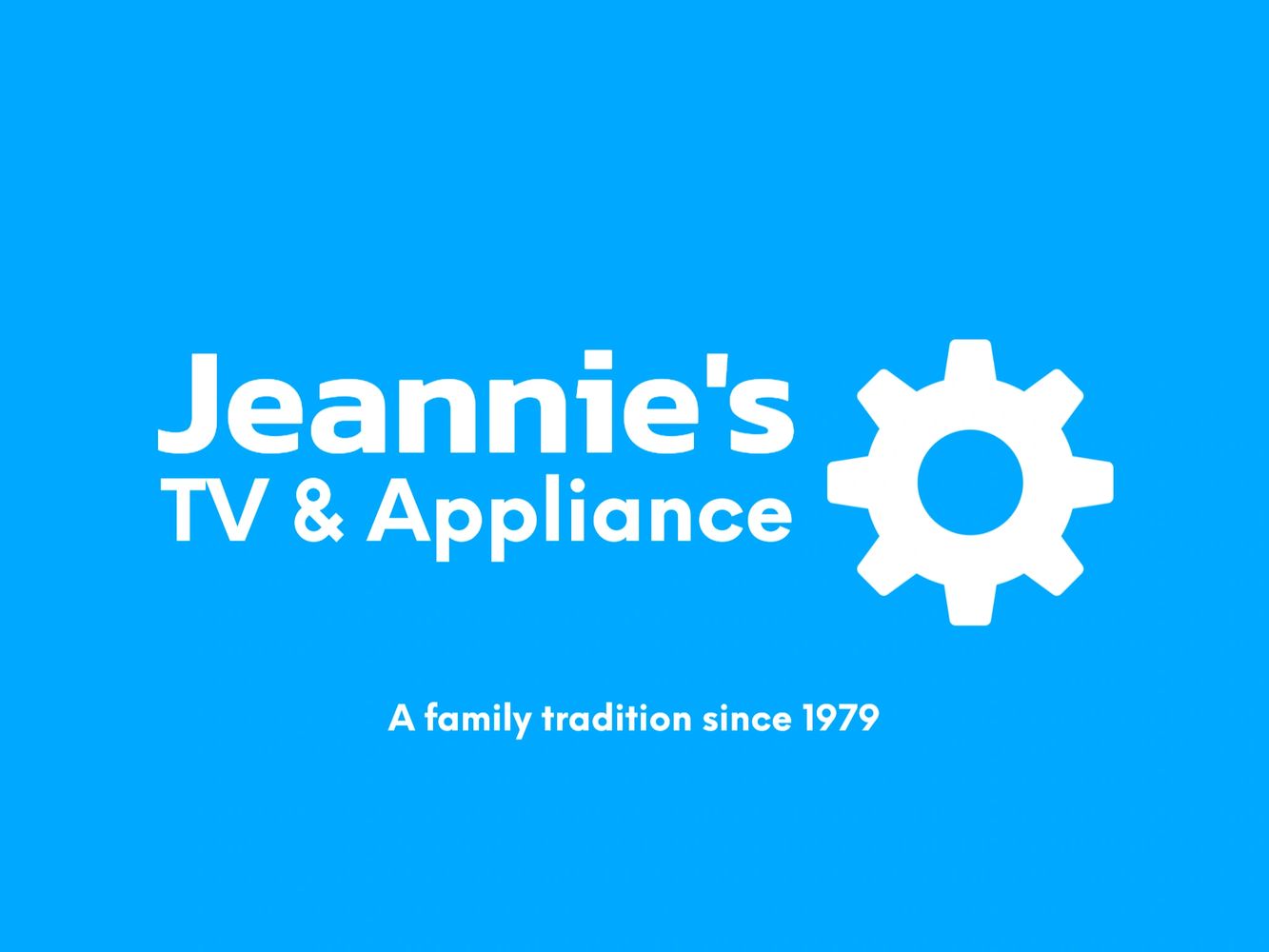 Jeannie's TV &amp; Appliance logo with a gear icon on a blue background.