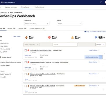 DevSecOps Workbench displaying security issues and code analysis.