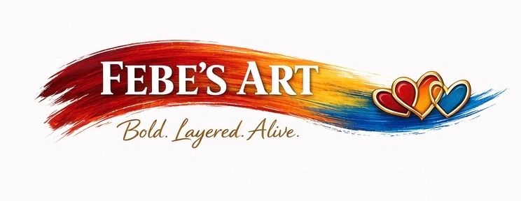 Logo of Febe's Art with colorful brushstroke and two intertwined hearts.