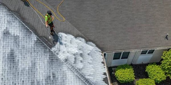 Worker painting a roof white.
