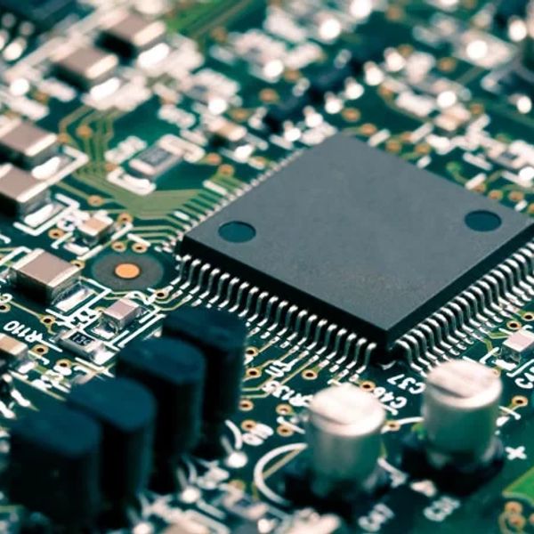 Close-up of a microchip on a circuit board.