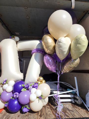 17th birthday balloon bouquet in cream and purples, nude and cream foil heart balloons, cream number