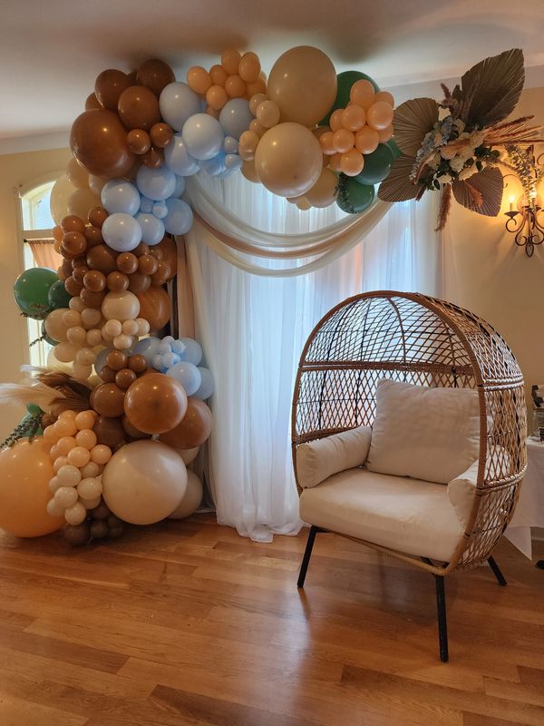 Bridal Shower Backdrop decorations with Egg chair, Throne Chair, Pampas grass, eucalyptus and fan pa