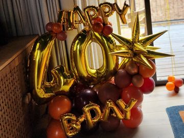 40th birthday balloon bouquet with Happy BDay delivery, gold, maroon, orange