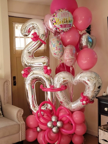 Pink and silver birthday balloon bouquet gift delivery