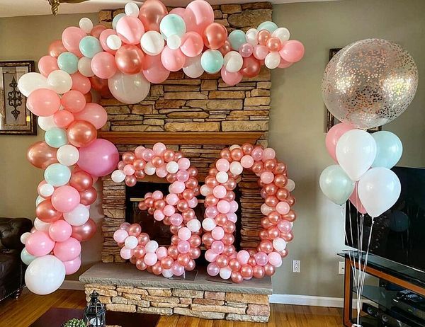 Rose gold balloon garland and balloon number sculpture 30th birthday with jumbo confetti balloon 