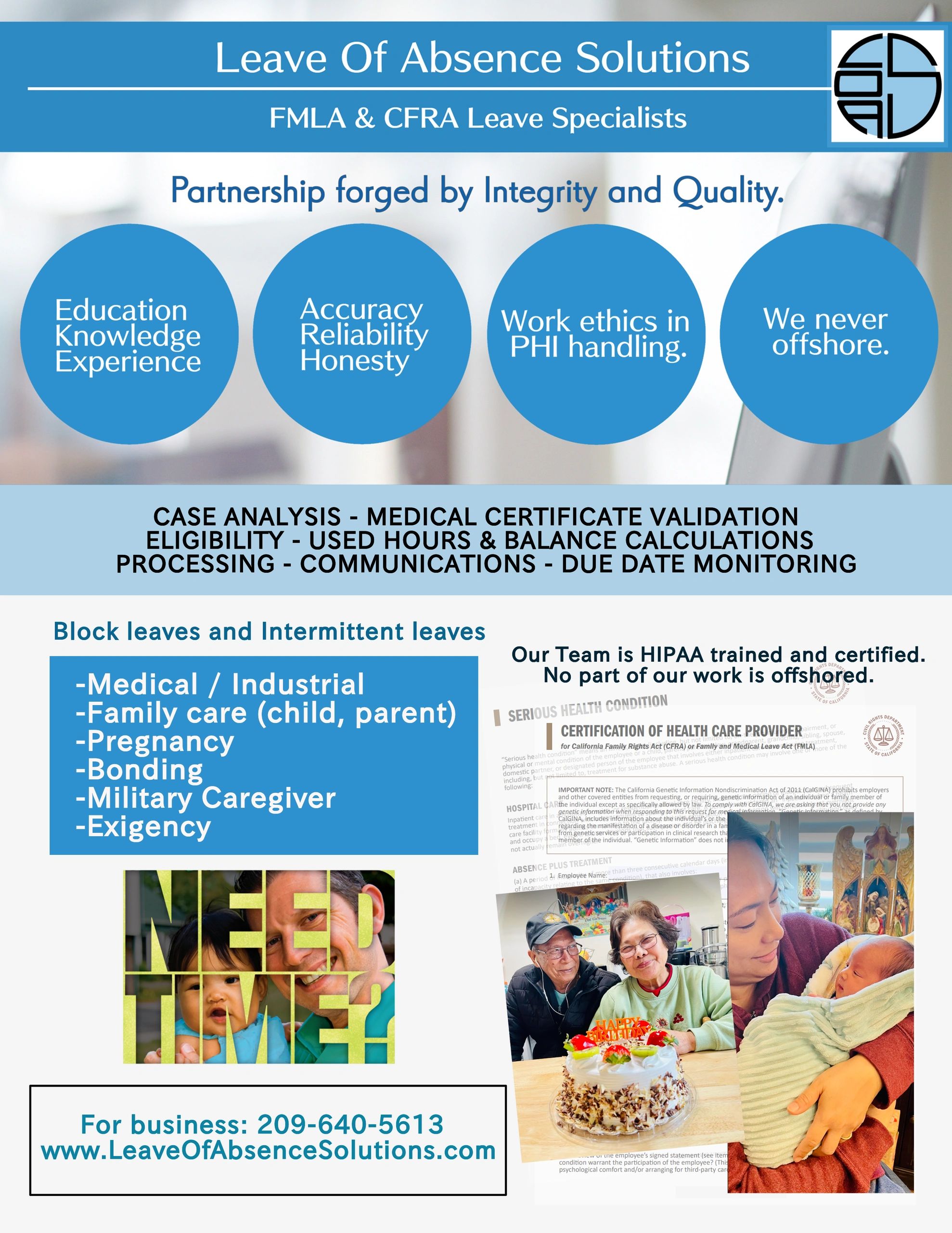 Leave of Absence Solutions offers specialized FMLA &amp; CFRA leave services ensuring integrity, quality, and HIPAA compliance.
