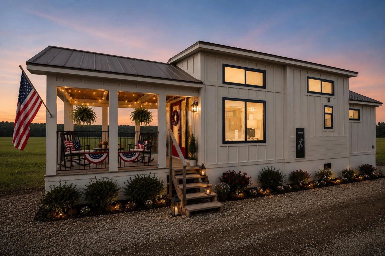 Cozy modern tiny house with a lit porch and American flag at sunset.