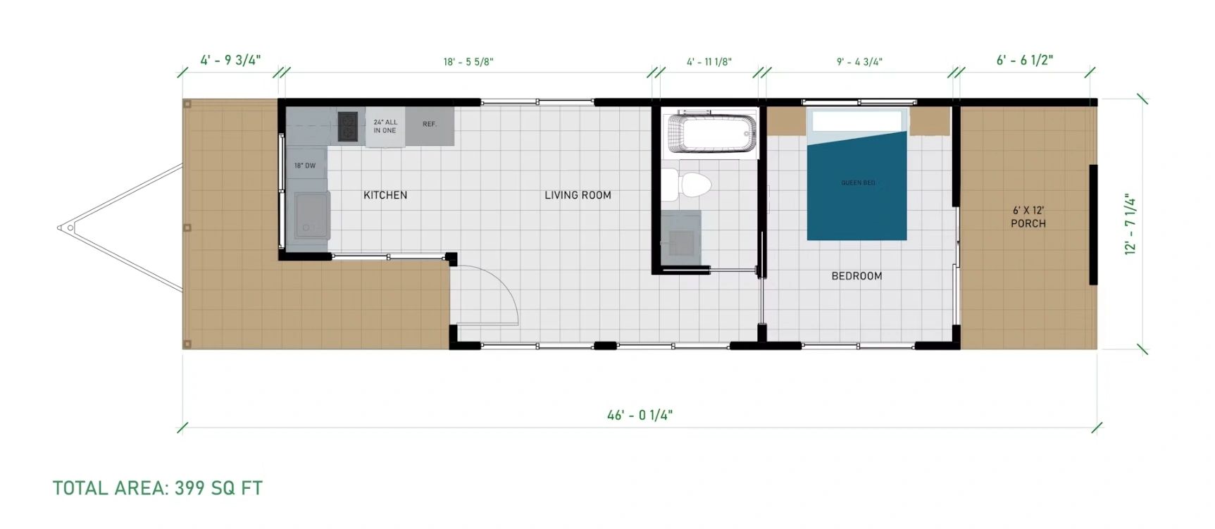 Floor plan of a 399 sq ft tiny house with kitchen, living room, bedroom, bathroom, and porch.