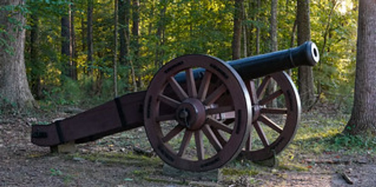 A antiquated cannon in the woods.