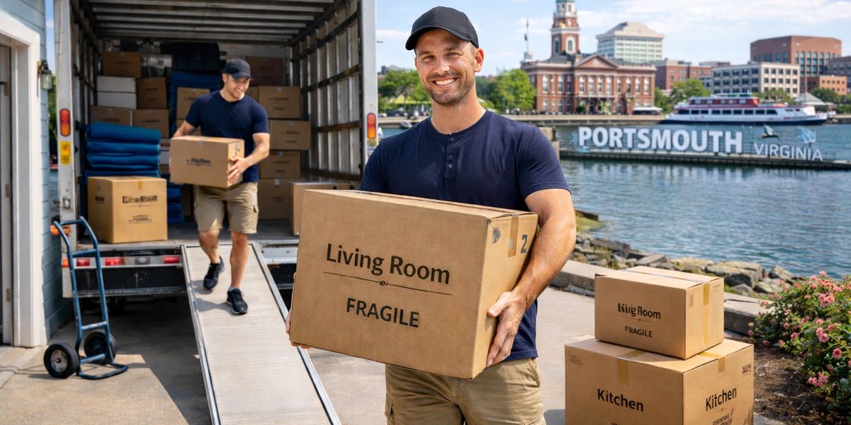 moving help Portsmouth VA unloading U-Haul truck near Elizabeth River waterfront