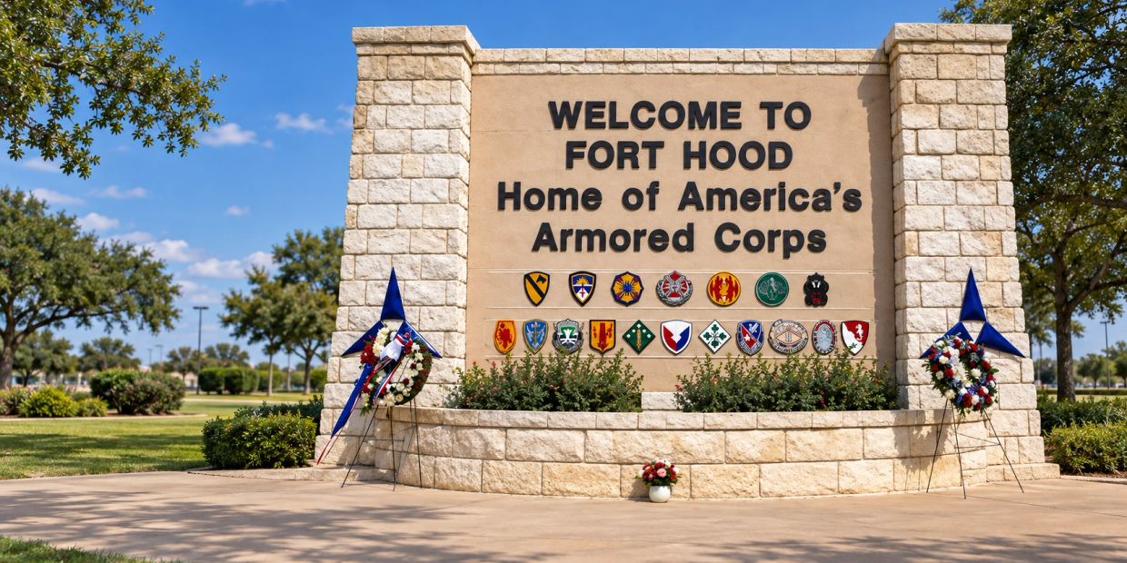 Fort Hood entrance sign near Killeen Texas, where MVMP loads rental moving trucks