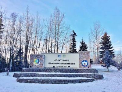 Richardson Gate entrance sign at Joint Base Elmendorf-Richardson in winter, Anchorage, Alaska
