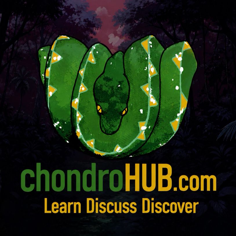Green snake logo with text "chondroHUB.com Learn Discuss Discover".