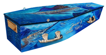 Custom wrapped coffin with marlin graphics.. gone fishing
