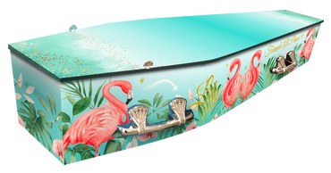 Custom wrapped coffin with flamingos