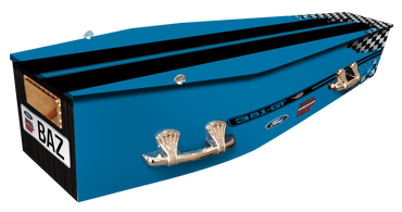 Custom wrapped coffin with Ford XY 351 GT graphics.