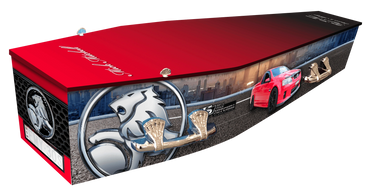 Custom wrapped coffin with Holden logo and HSV vehicle graphics