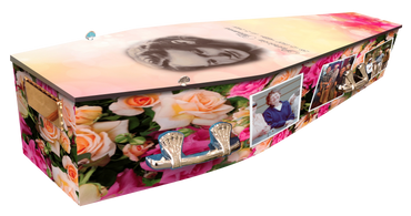 Custom wrapped coffin with vintage image, polaroid photos and floral roses.