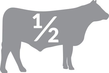 Gray cow silhouette with fraction 1/2 inside.