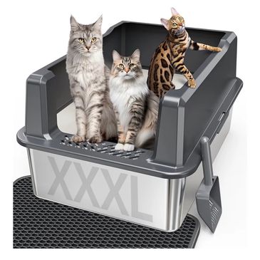 Three cats sitting in a large litter box labeled XXXL with a scoop and mat.