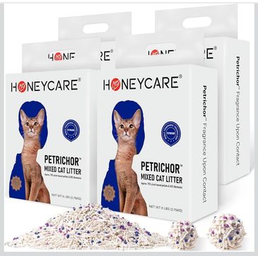 Honeycare Petricor mixed cat litter packaging with litter displayed.