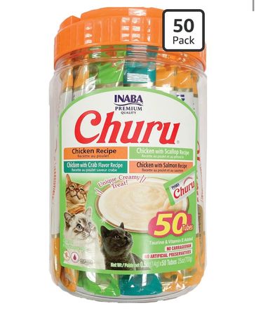 Jar of Inaba Churu creamy cat treats, 50-pack.