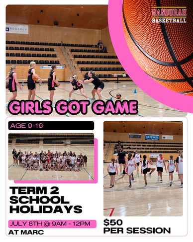 Girls basketball training session for ages 9-16 during school holidays.