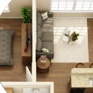 Top-down view of a cozy living room and bedroom separated by a wall.