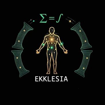 Digital human figure with symbolic columns and mathematical symbols labeled EKKLESIA.