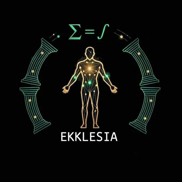 Digital human figure with symbolic columns and mathematical symbols labeled EKKLESIA.