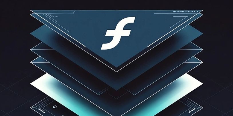 Stylized Fedora Linux logo on layered geometric shapes.