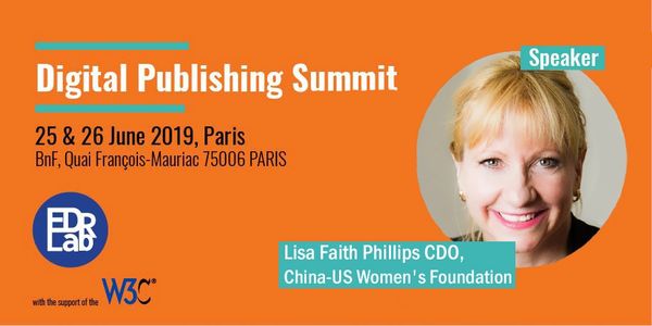 Lisa Faith Phillips speaks at the International Digital Publishing Summit, Paris, June 2019