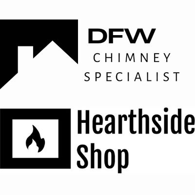 Logos for DFW Chimney Specialist and Hearthside Shop featuring chimney and flame icons.