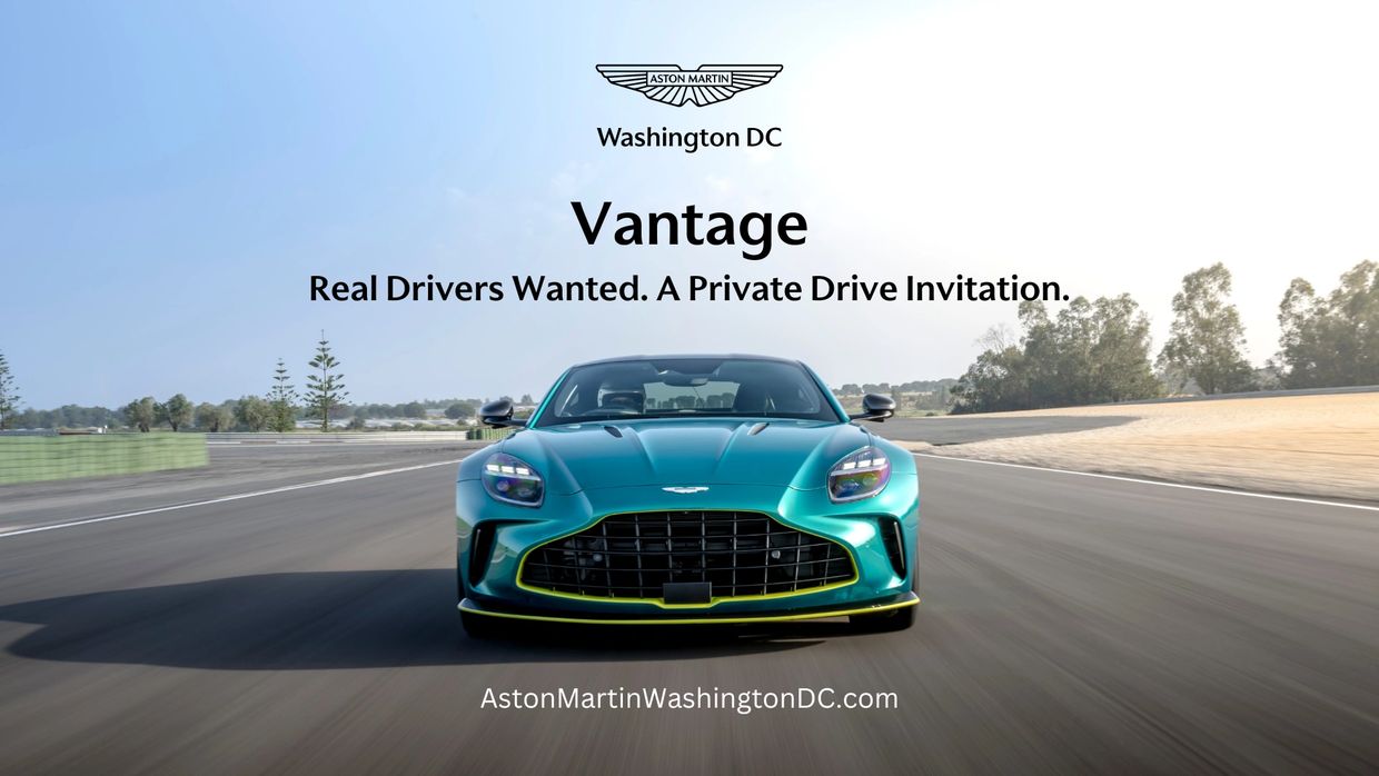 A sleek green Aston Martin Vantage driving on a racetrack with an invitation text above.