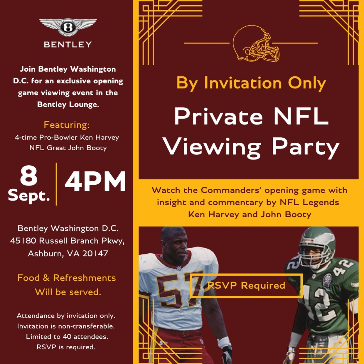 Exclusive NFL viewing party at Bentley Washington D.C. with NFL legends Ken Harvey and John Booty.