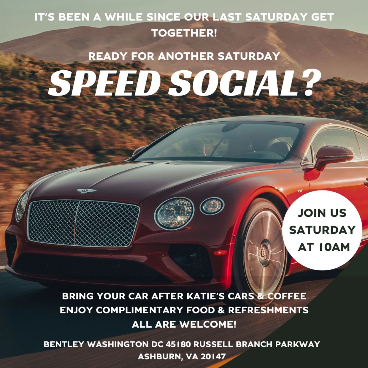Invitation for a Saturday Speed Social car meet with complimentary food and refreshments.