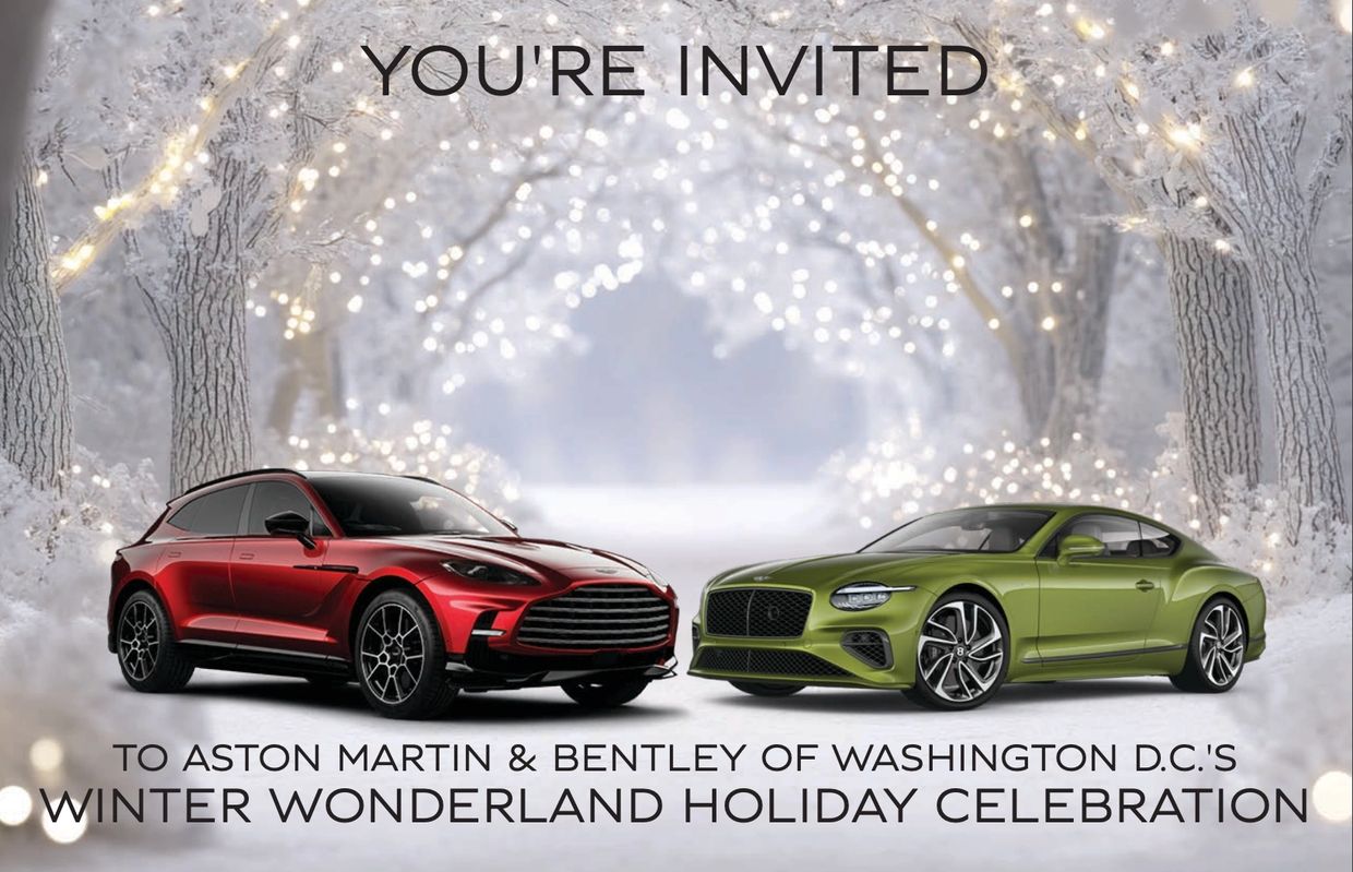 Invitation to Aston Martin and Bentley winter holiday celebration with luxury cars in snowy setting.