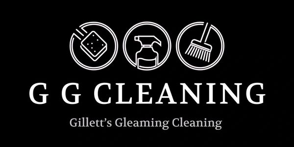 Logo for G G Cleaning featuring cleaning tools and the name Gillett's Gleaming Cleaning.