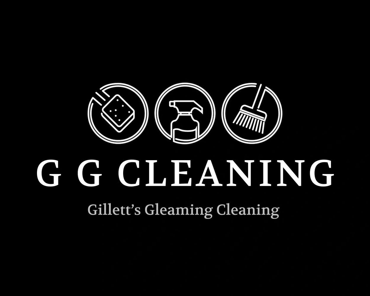 Logo for G G Cleaning featuring cleaning tools and the name Gillett's Gleaming Cleaning.
