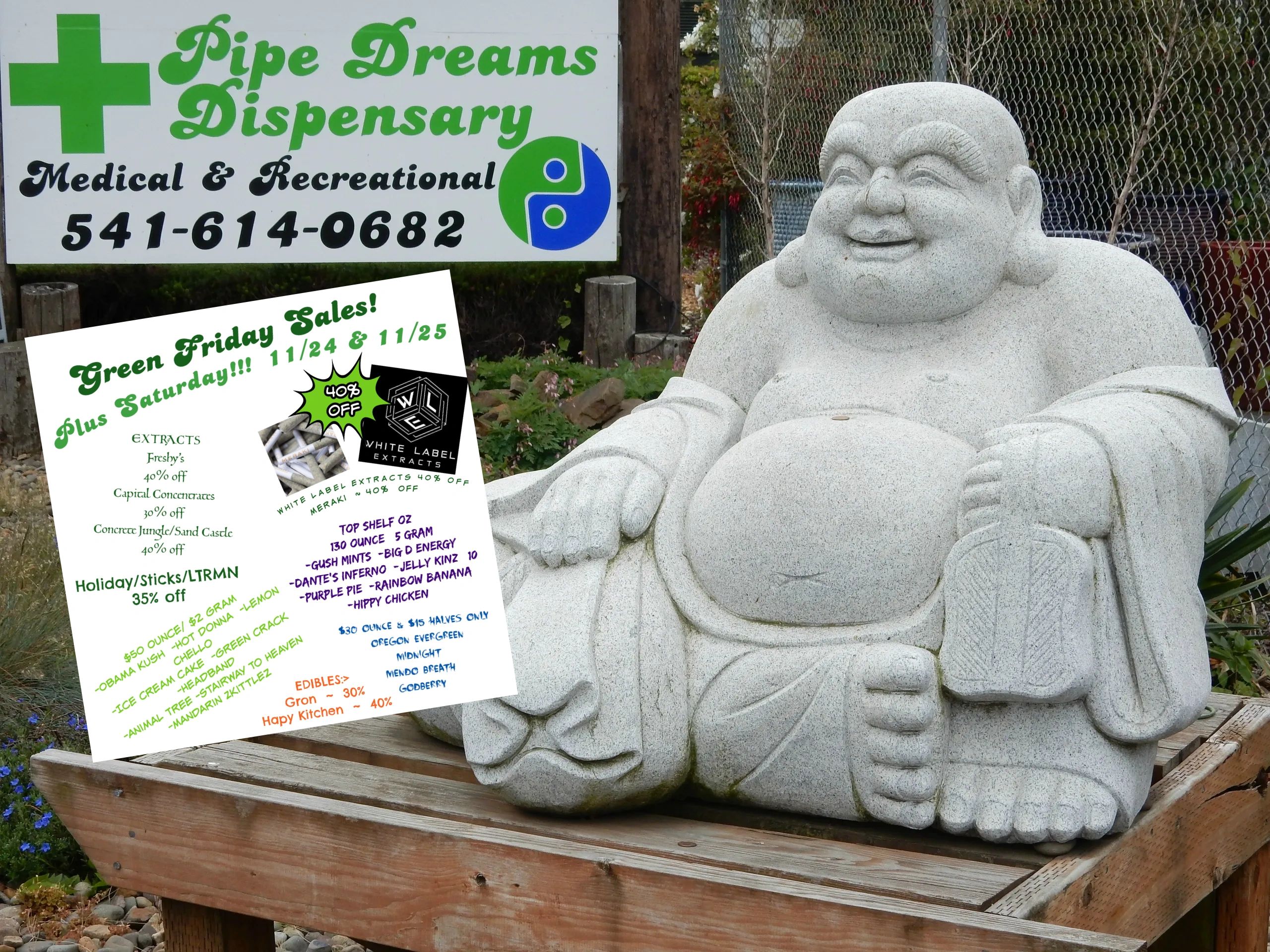 Buddha statue at Pipe Dreams Dispensary in Lincoln City Oregon