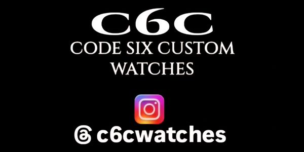 Logo and Instagram handle for Code Six Custom Watches on a black background.